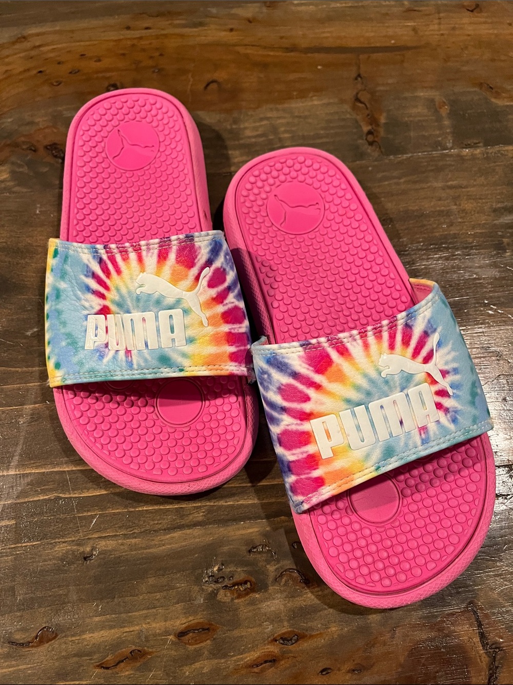Puma Kids Pink Slides with Tie-Dye Straps
